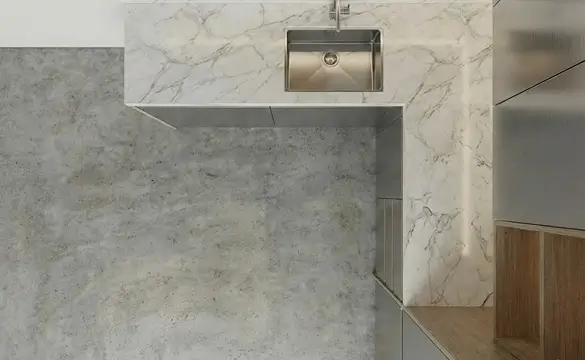 Столешница из темного керамогранита и мойка подклейка для кухни Anthracite Edge
