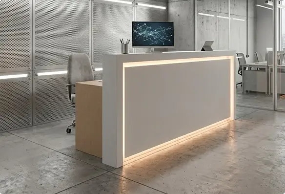 Стойка ресепшн с контурной LED подсветкой фасада и цоколя