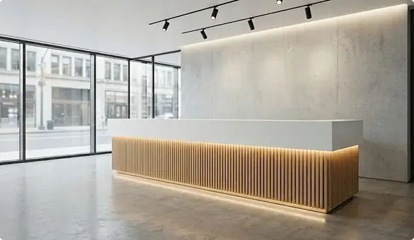 Современная стойка ресепшн из камня и дерева с подсветкой для офиса или салона
