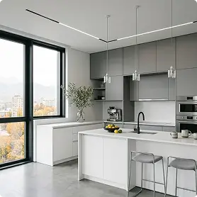 Современная кухня в Алматы, серые матовые фасады и лаконичная фурнитура