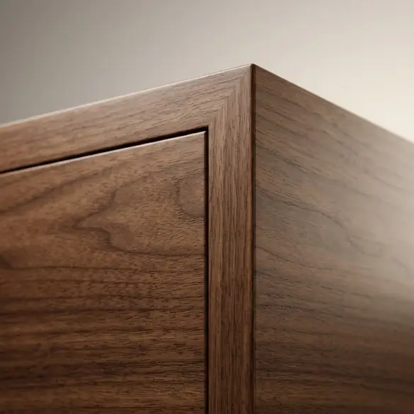 Крупный план бесшовного стыка шпона на углу мебельного фасада
