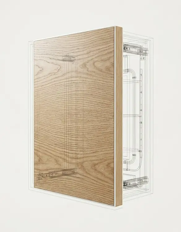 Линейная металлическая кухня Silver Line из нержавеющей стали и светлого шпона в стиле минимализм